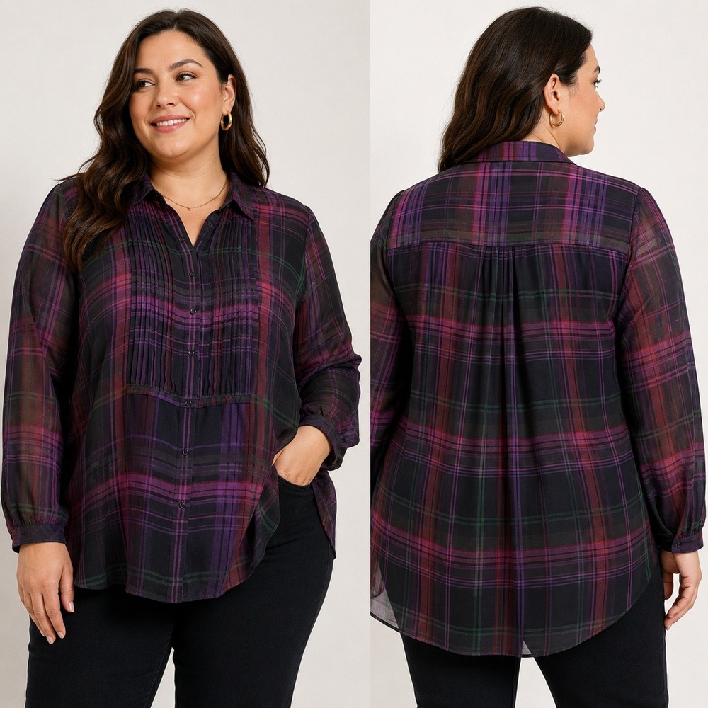 Lauren Ralph Lauren 1X Sheer Plaid Pintuck Button Front Blouse Purple Black‎